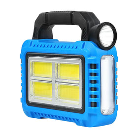 Blue rugged portable led work light with four bright yellow cob bulbs and a built-in flashlight.