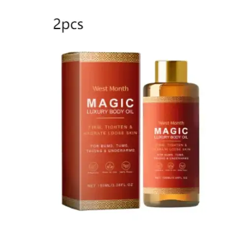 Red and gold west month magic luxury body oil bottle with a golden cap, featuring a sleek glass design.