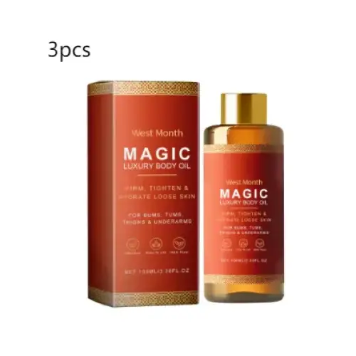 West month magic luxury body oil in a sleek amber glass bottle with a gold cap, presented alongside its matching red and gold packaging.