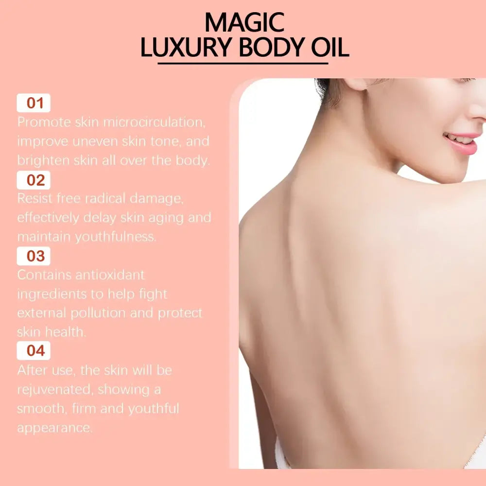Magic luxury body oil, a sleek bottle with a minimalist design and soft pink labeling.