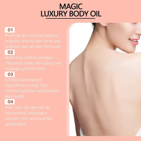 Magic luxury body oil, a sleek bottle with a minimalist design and soft pink labeling.