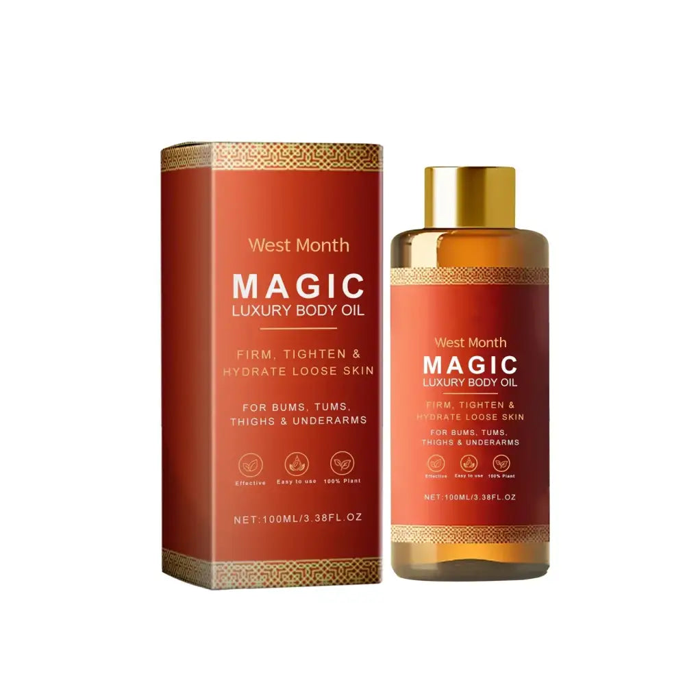 West month magic luxury body oil in a 100ml amber glass bottle with gold cap and matching red box, designed to firm, tighten & hydrate loose skin for bums, tums, thighs & underarms.