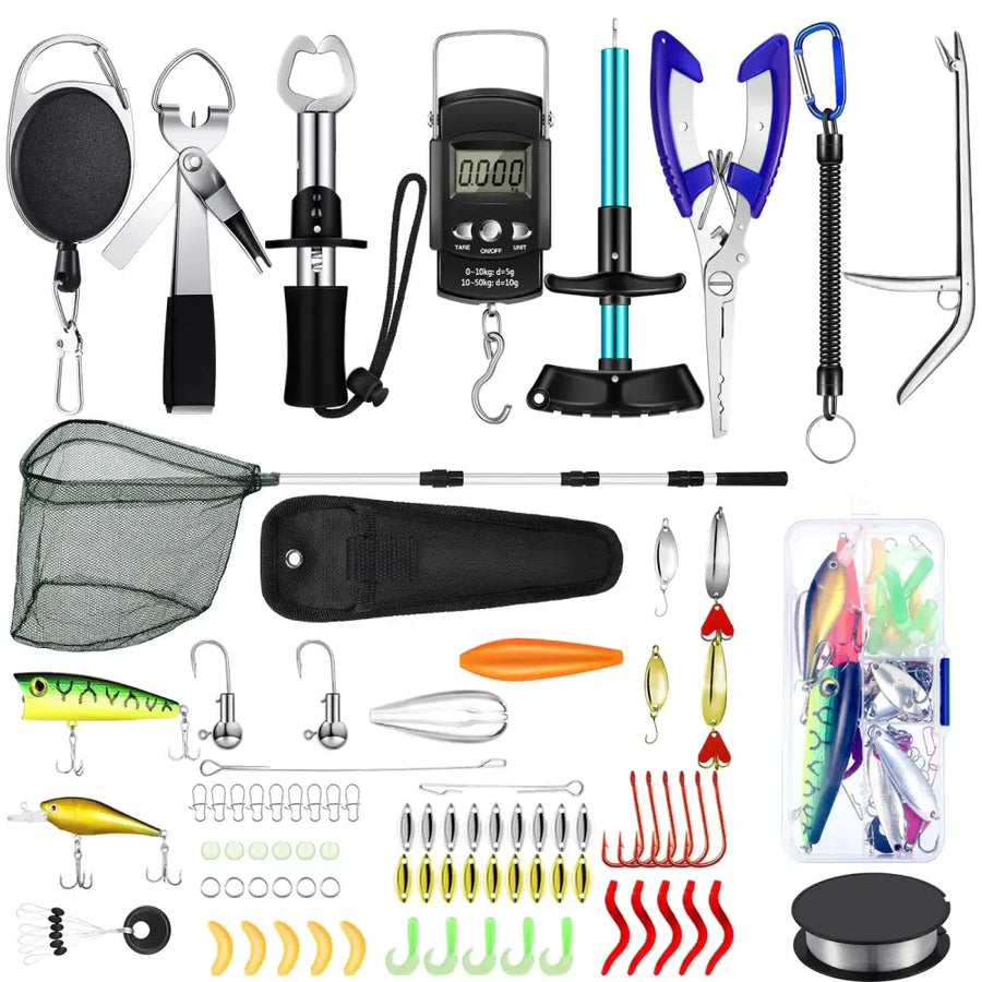 Complete fishing kit featuring a black mesh net, colorful artificial lures in green and yellow, assorted hooks in red, gold, silver, and neon colors, and a digital scale with a turquoise handle.