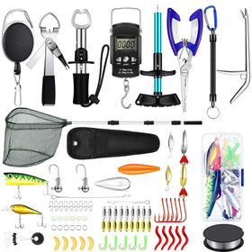Complete fishing kit featuring a black mesh net, colorful artificial lures in green and yellow, assorted hooks in red, gold, silver, and neon colors, and a digital scale with a turquoise handle.