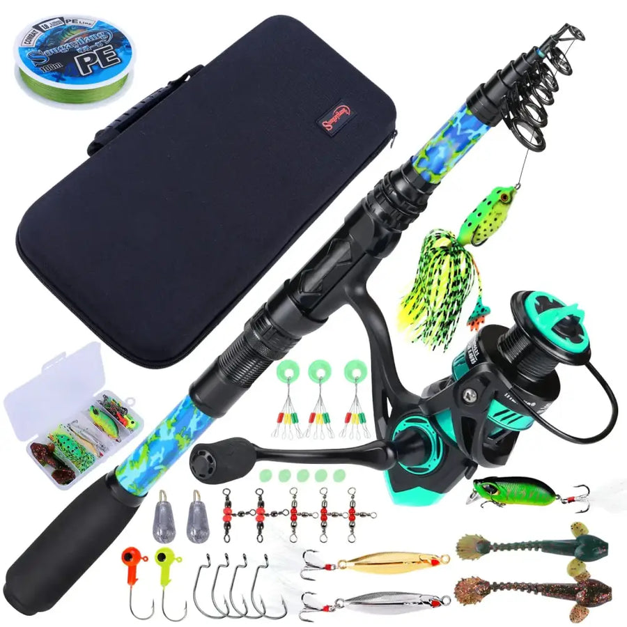 A vibrant blue and black camouflage-patterned telescopic fishing rod with a matching teal reel, accompanied by an assortment of colorful lures and tackle.
