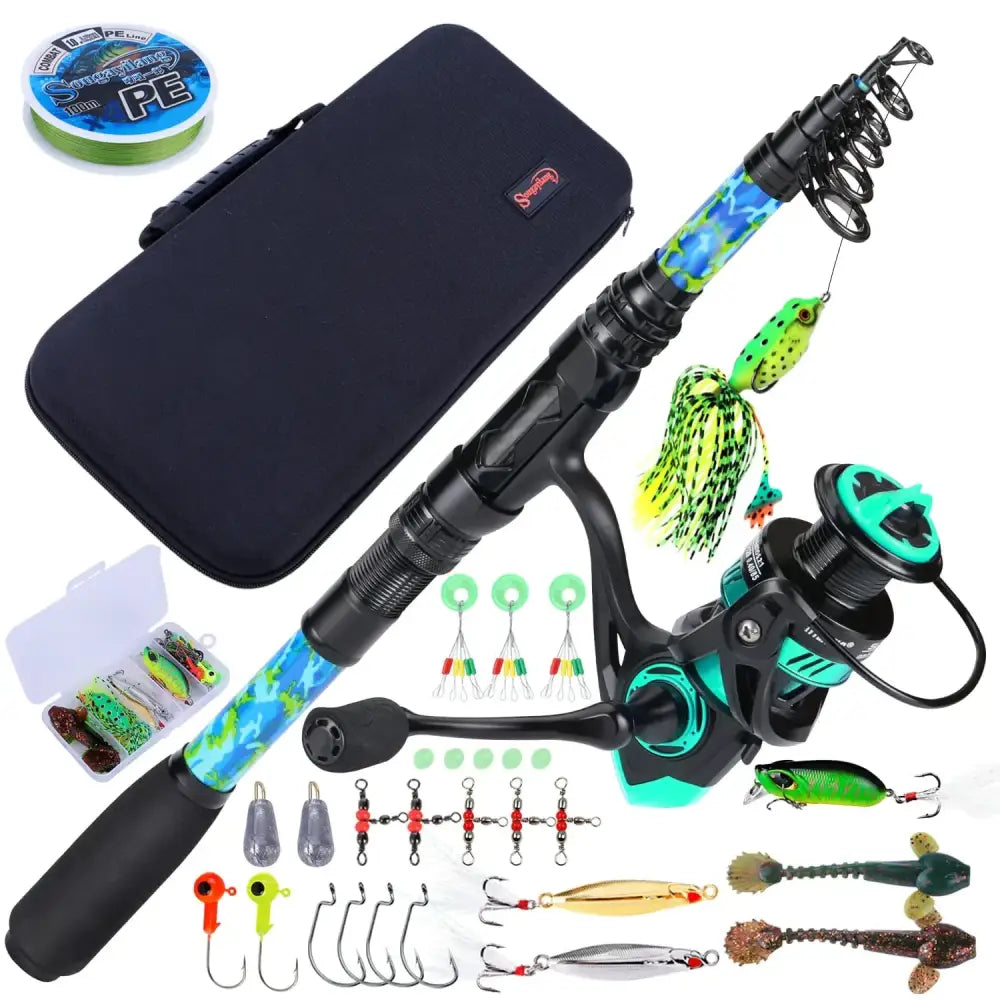 A vibrant blue and black camouflage-patterned telescopic fishing rod with a matching teal reel, accompanied by an assortment of colorful lures and tackle.