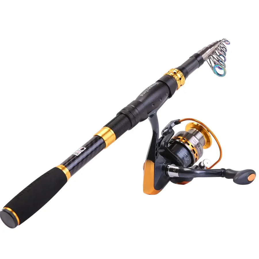 Black and gold telescopic fishing rod with matching reel, featuring a textured grip handle.
