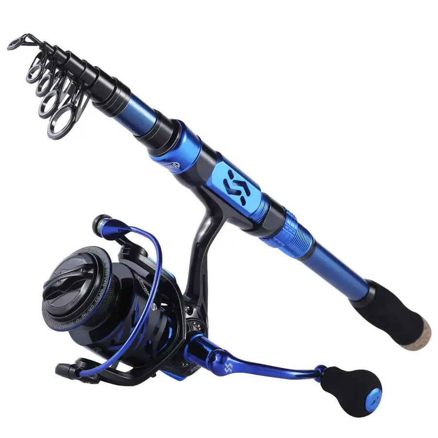 Blue and black telescopic fishing rod with matching spinning reel, featuring a textured grip handle.