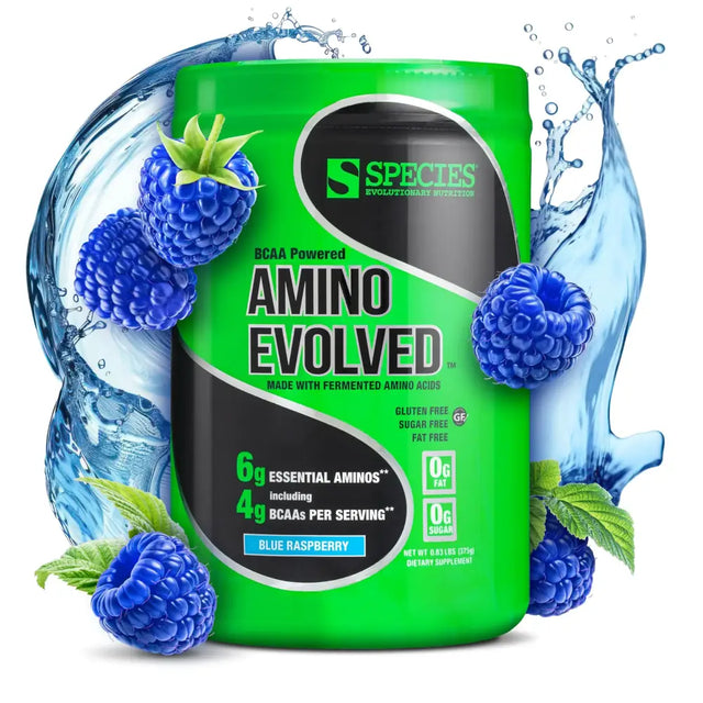 Green cylindrical container of species amino evolved dietary supplement in blue raspberry flavor.
