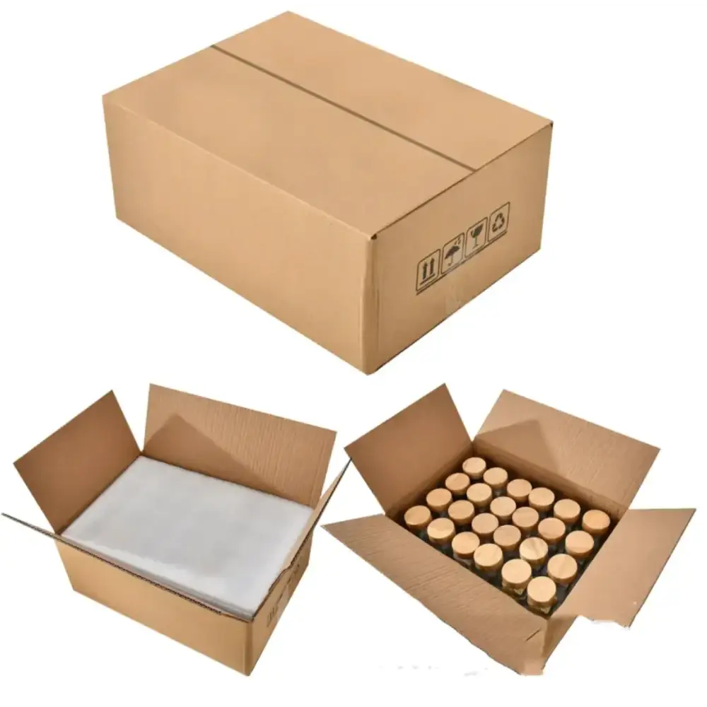 Brown cardboard shipping box with printed handling symbols.