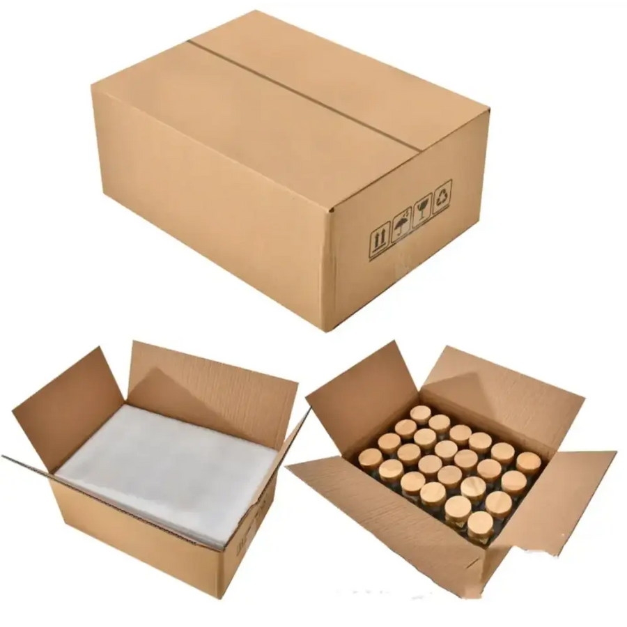 Brown cardboard shipping box with printed handling symbols.