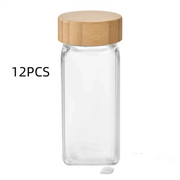 Clear glass rectangular spice jar with a light brown bamboo lid.