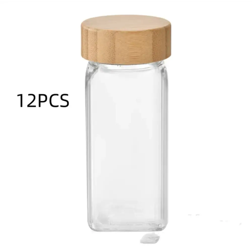 Clear glass rectangular spice jar with a light brown bamboo lid.