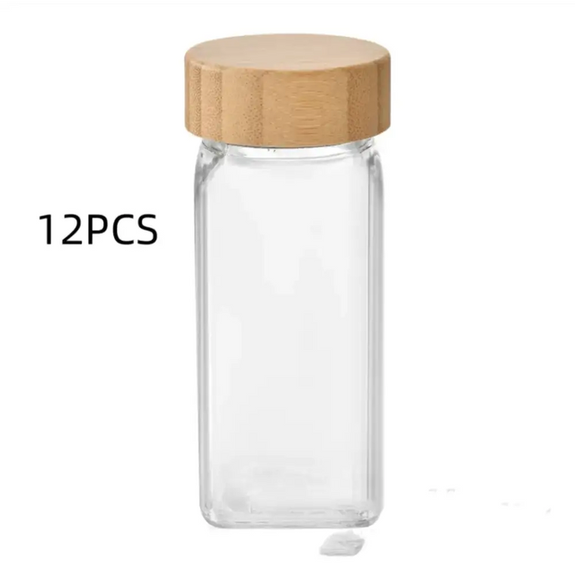 Clear glass rectangular spice jar with a light brown bamboo lid.