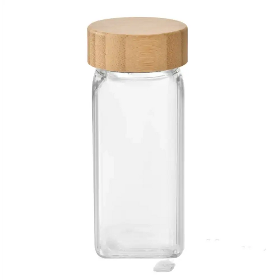 Clear glass rectangular spice jar with a light brown bamboo lid.