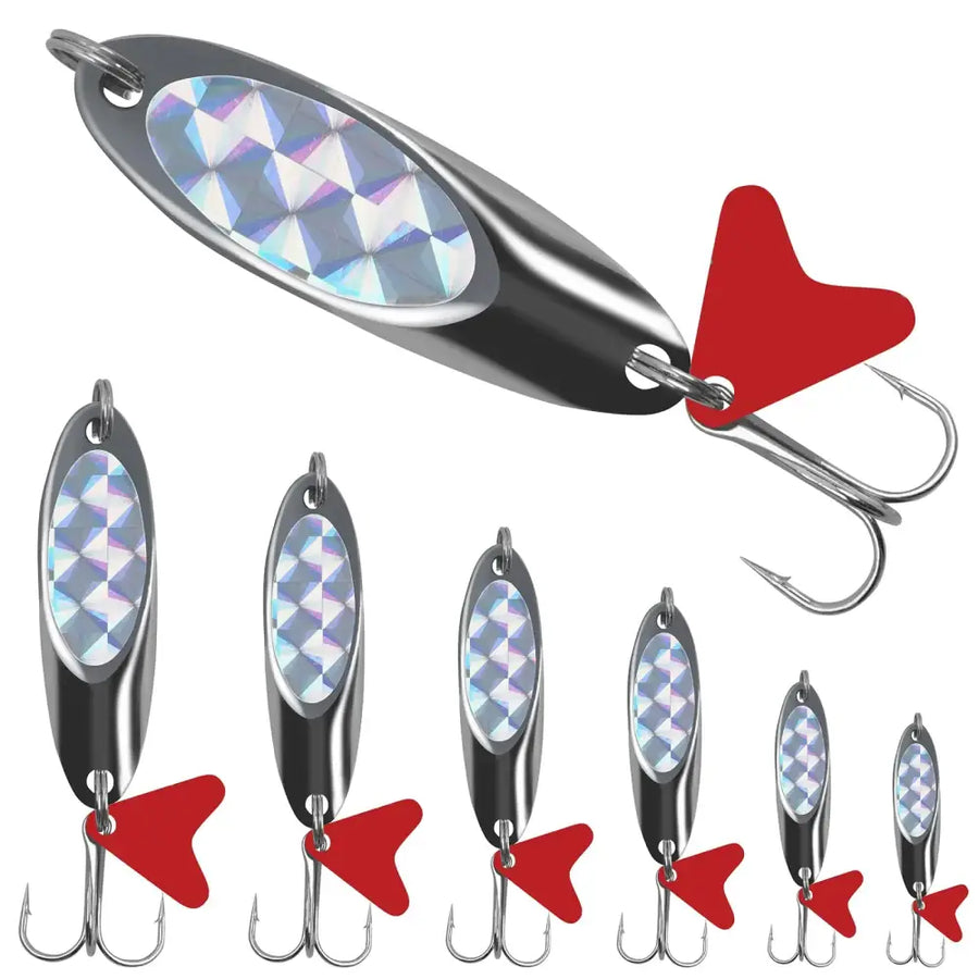 Shiny silver fishing spoon lure with a holographic, diamond-patterned reflective surface and red triangular tail fins.