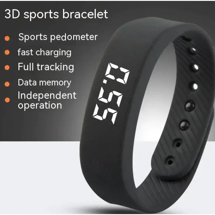 Black silicone 3d sports bracelet with digital display showing time.