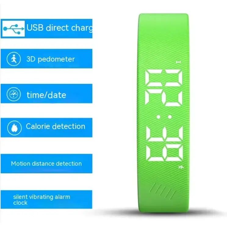 Bright green digital fitness tracker with a sleek, textured band and white led display showing time.