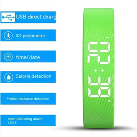 Bright green digital fitness tracker with a sleek, textured band and white led display showing time.