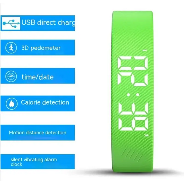 Bright green digital fitness tracker with a sleek, textured band and white led display showing time.