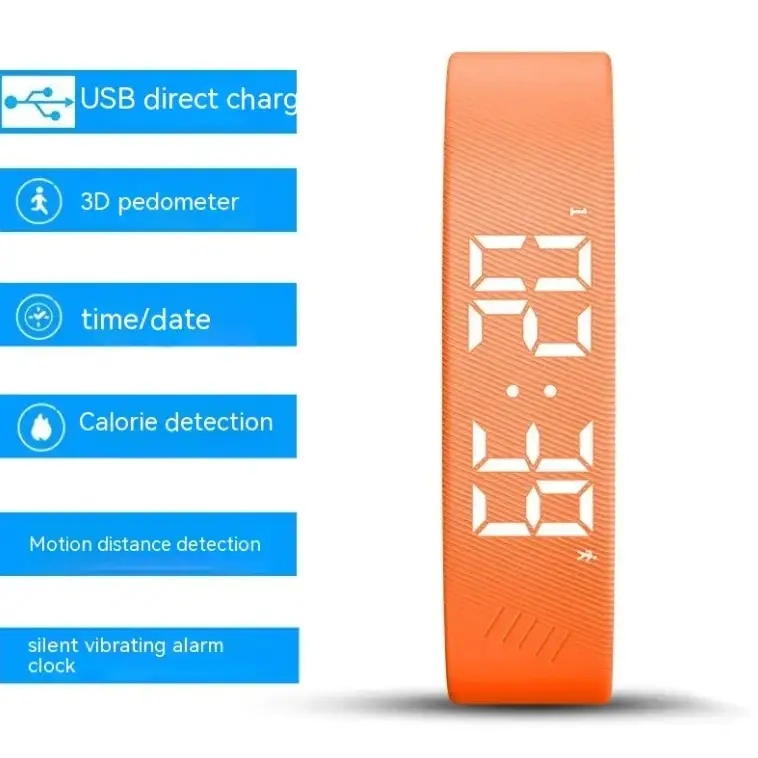 Orange digital fitness tracker with a textured surface and white led display showing time and date.
