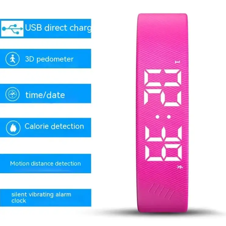 Bright pink digital fitness tracker with a textured silicone band and white led display showing time.