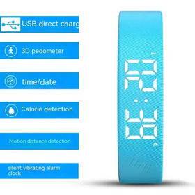 Light blue silicone fitness tracker with digital display showing time and date.