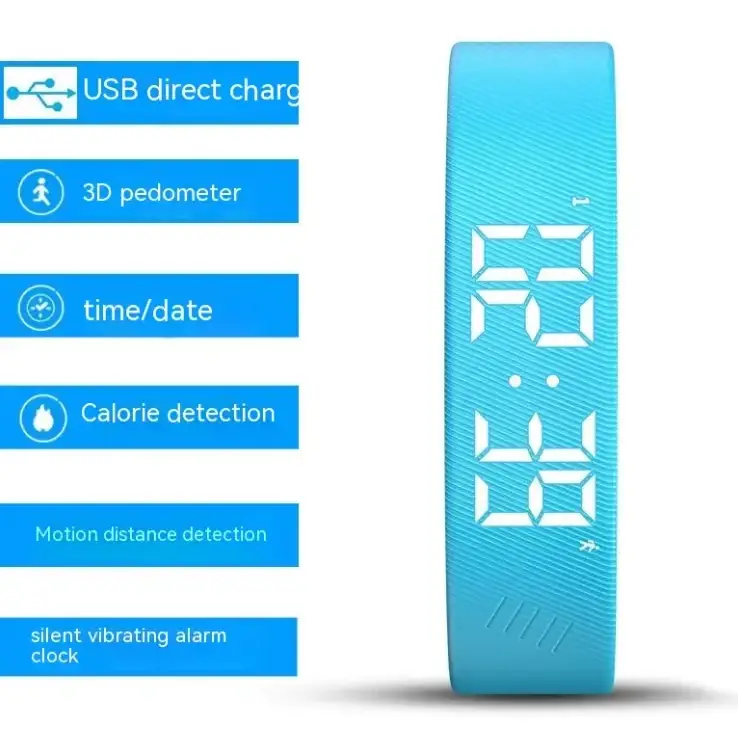Light blue silicone fitness tracker with digital display showing time and date.