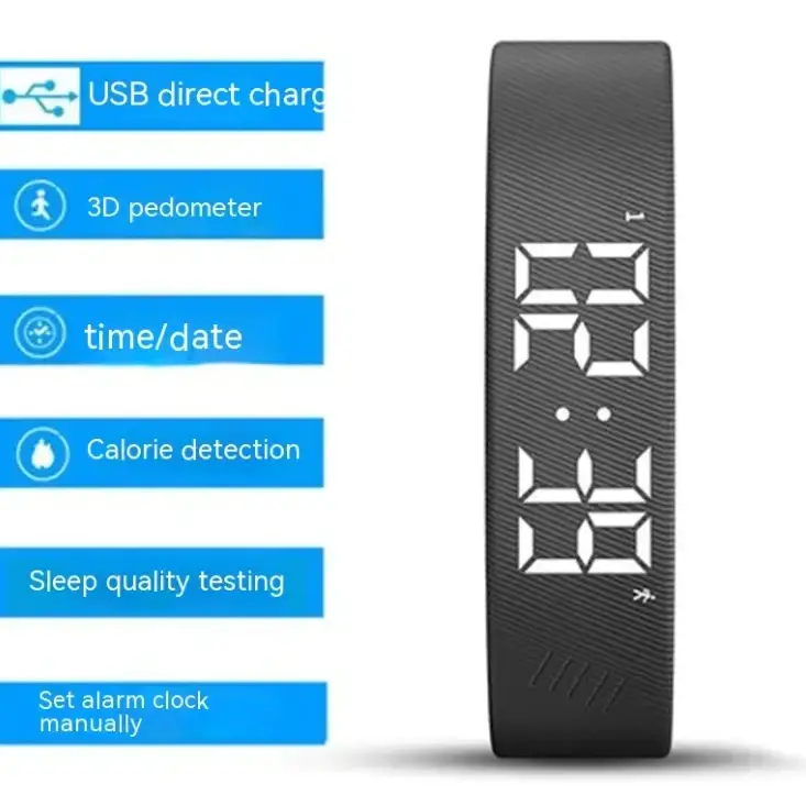 Black digital fitness tracker with a sleek, textured surface and white led display showing time.