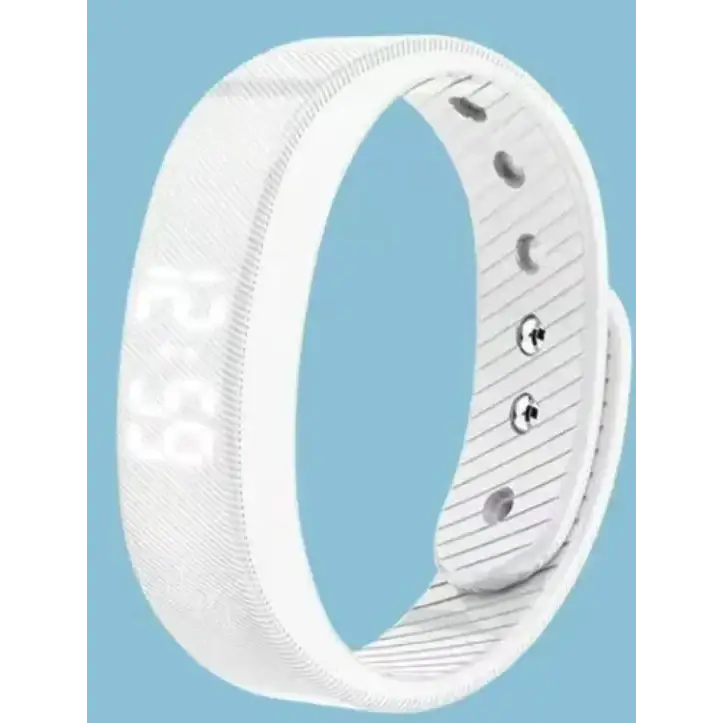 White digital fitness tracker with a sleek, textured silicone band and minimalist design.