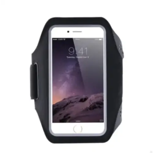 Black silicone armband holding a white iphone 6s plus