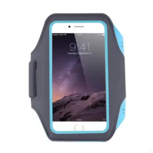 Blue and black athletic phone armband with a flexible silicone design.