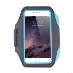 Blue and black athletic phone armband with a flexible silicone design.