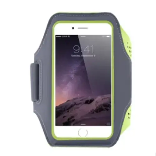 Gray and lime green athletic phone armband with perforated side panels.