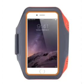 Gray and orange athletic armband with a sleek, form-fitting design to securely hold an iphone.