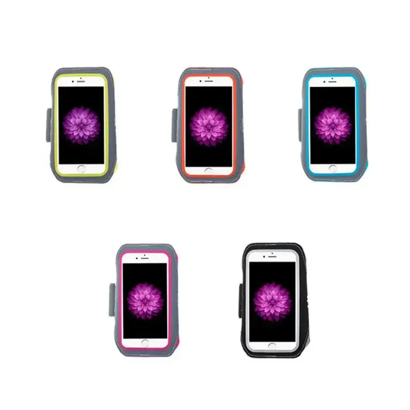 A sleek, sporty phone armband in five vibrant color options—lime green, orange, blue, pink, and black—with a gray frame and adjustable strap for secure fit.