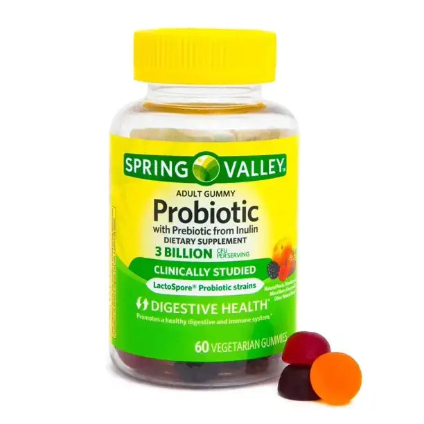 Spring valley adult gummy probiotic supplement in a clear bottle with a yellow cap, containing 60 vegetarian gummies.