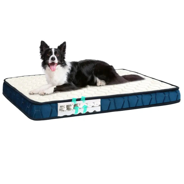 Rectangular dog bed with a white quilted top and navy blue sides, featuring visible internal spring support.