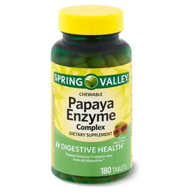 Spring valley chewable papaya enzyme complex dietary supplement in a green bottle with a yellow cap, containing 180 tablets.