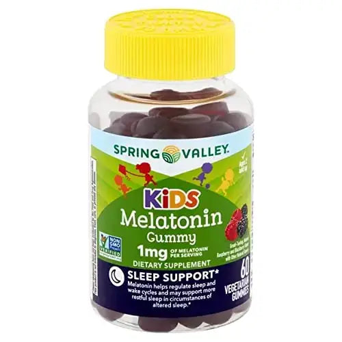 Spring valley kids melatonin gummy, 60 vegetarian gummies in a clear bottle with a yellow cap.