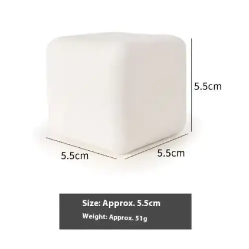 White, cube-shaped foam ice pack with dimensions of 5.5cm on each side and a weight of approximately 51g.