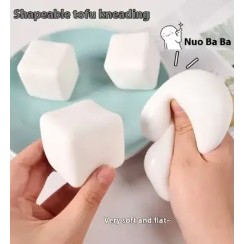 White, soft and squishy tofu-shaped stress-relief cubes.
