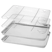 Set of three stainless steel baking trays with matching wire cooling racks.
