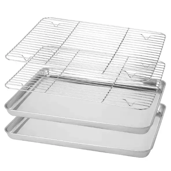 Set of three stainless steel baking trays with matching wire cooling racks.