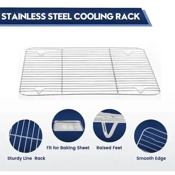 Stainless steel cooling rack with a sleek, grid-like design and smooth edges.