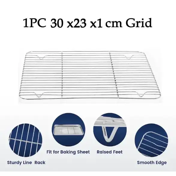 Silver metal baking rack with a grid design and raised feet.