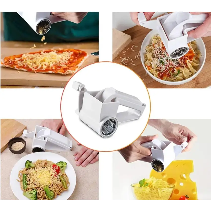 White plastic cheese grater with a circular metal grinding plate and handle for easy grip