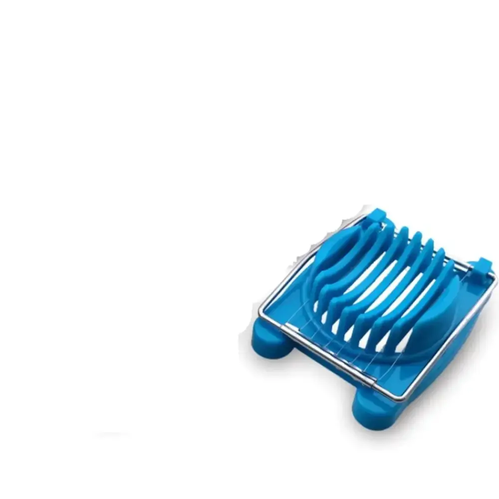 Blue plastic egg slicer with a metal frame.