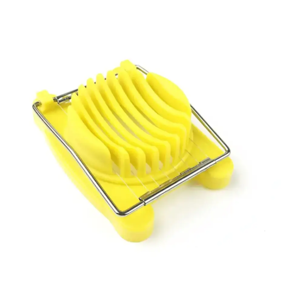 Bright yellow plastic egg slicer with a metal frame and wire grid.