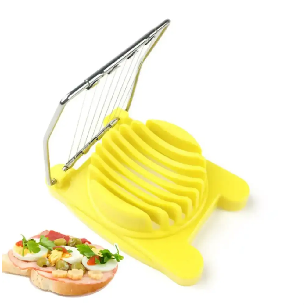 Bright yellow plastic egg slicer with a metal frame and wire blades.